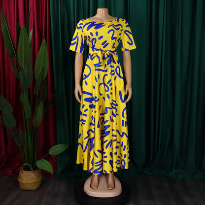 Printed Belted Dress Elegant  Knee-Length Round Neck Short Sleeve Dress