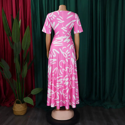 Printed Belted Dress Elegant  Knee-Length Round Neck Short Sleeve Dress