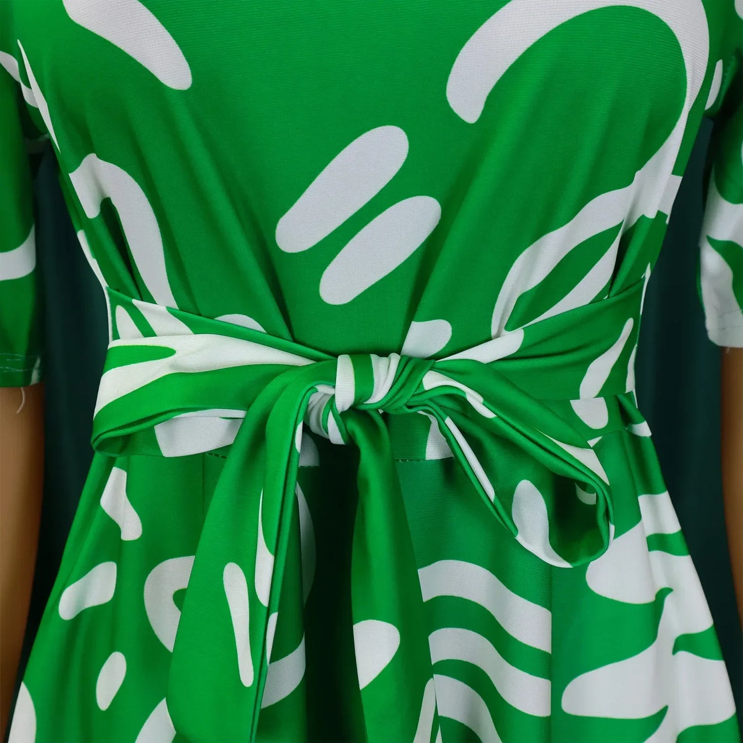 Printed Belted Dress Elegant  Knee-Length Round Neck Short Sleeve Dress