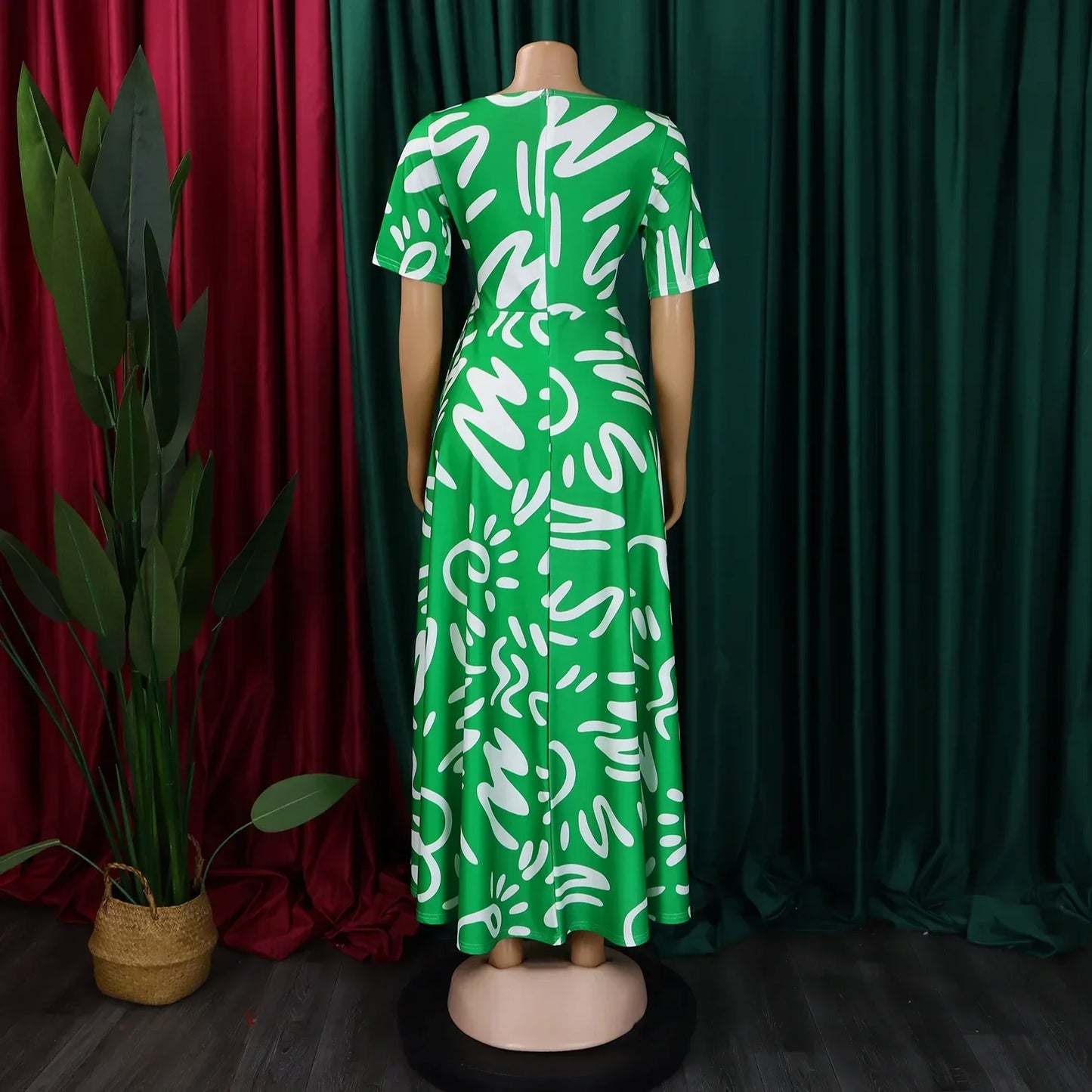 Printed Belted Dress Elegant  Knee-Length Round Neck Short Sleeve Dress