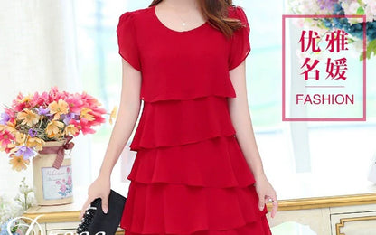 Loose A- line Plus Size Ladies Slimming Short Sleeve Cake Dress