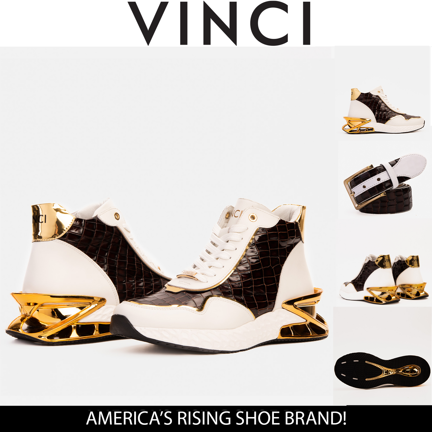 Bellagio White & Gold Leather High-Top Men Sneaker