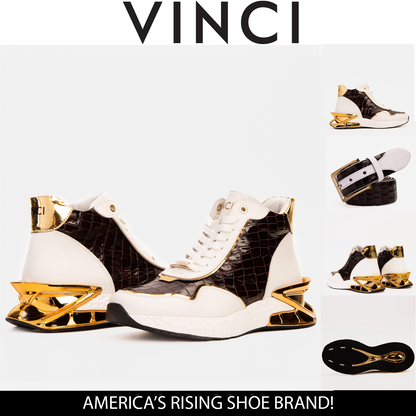 Bellagio White & Gold Leather High-Top Men Sneaker