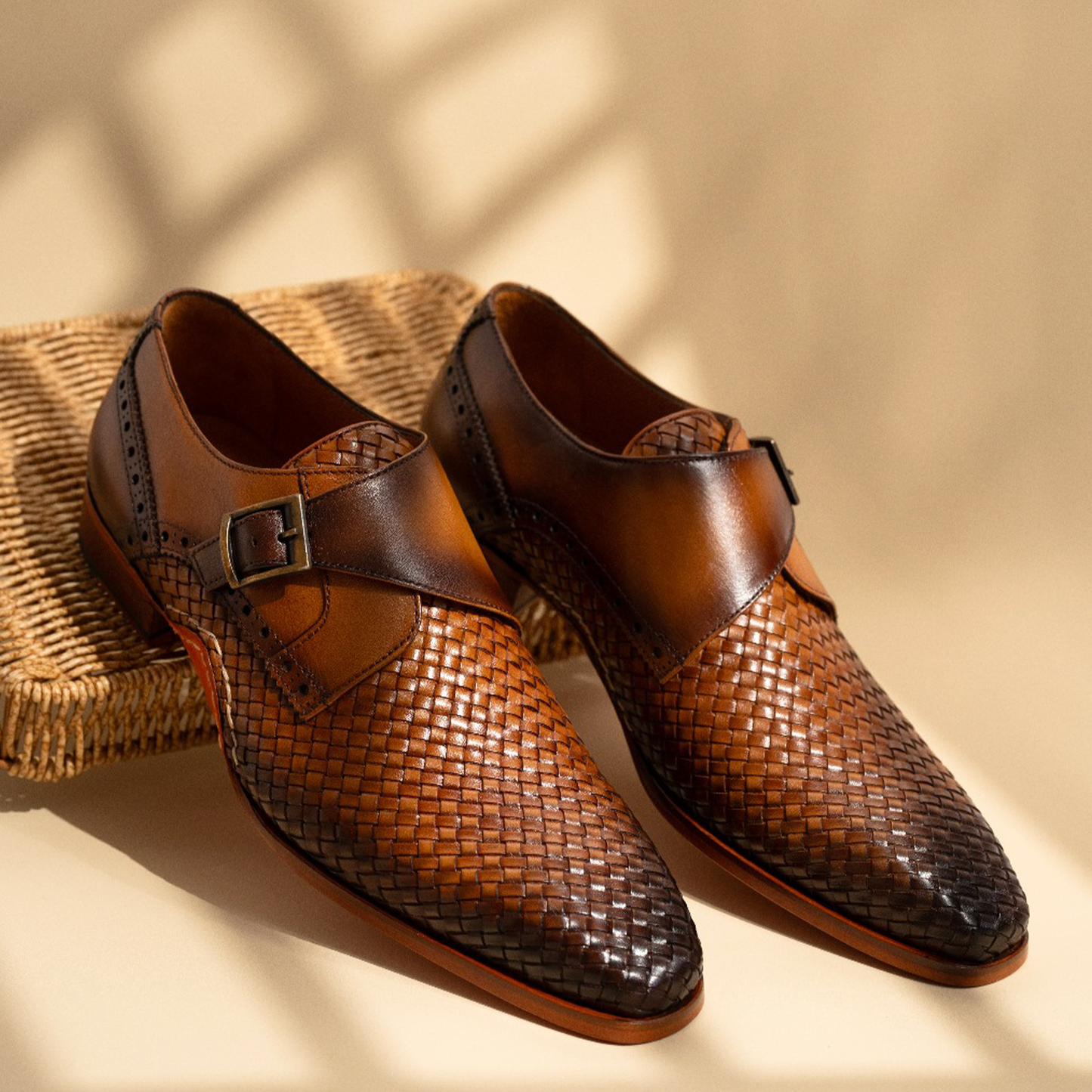The Rolls  Woven Tan Leather Single Monk Strap  Handmade Men Shoe