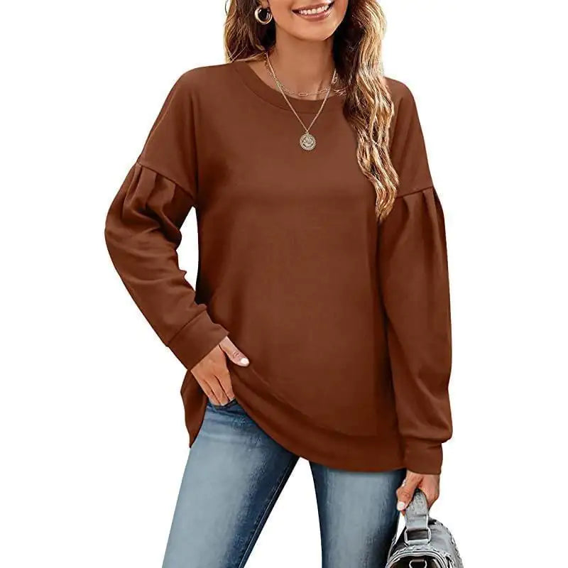 Solid Color Women's Sweatshirt with Round Neck Design