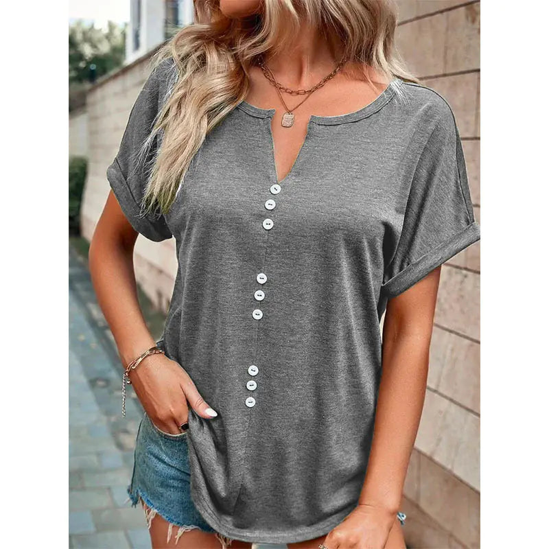 Summer V-neck Short Sleeve Button Design Blouse