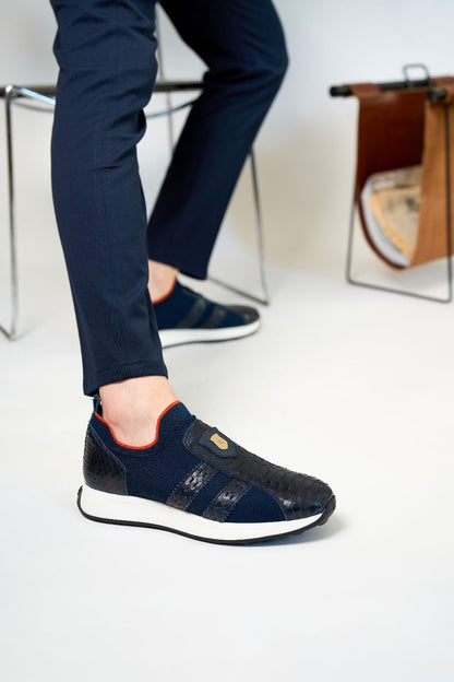 The Aslan Navy Knitted & Leather Men Sneaker