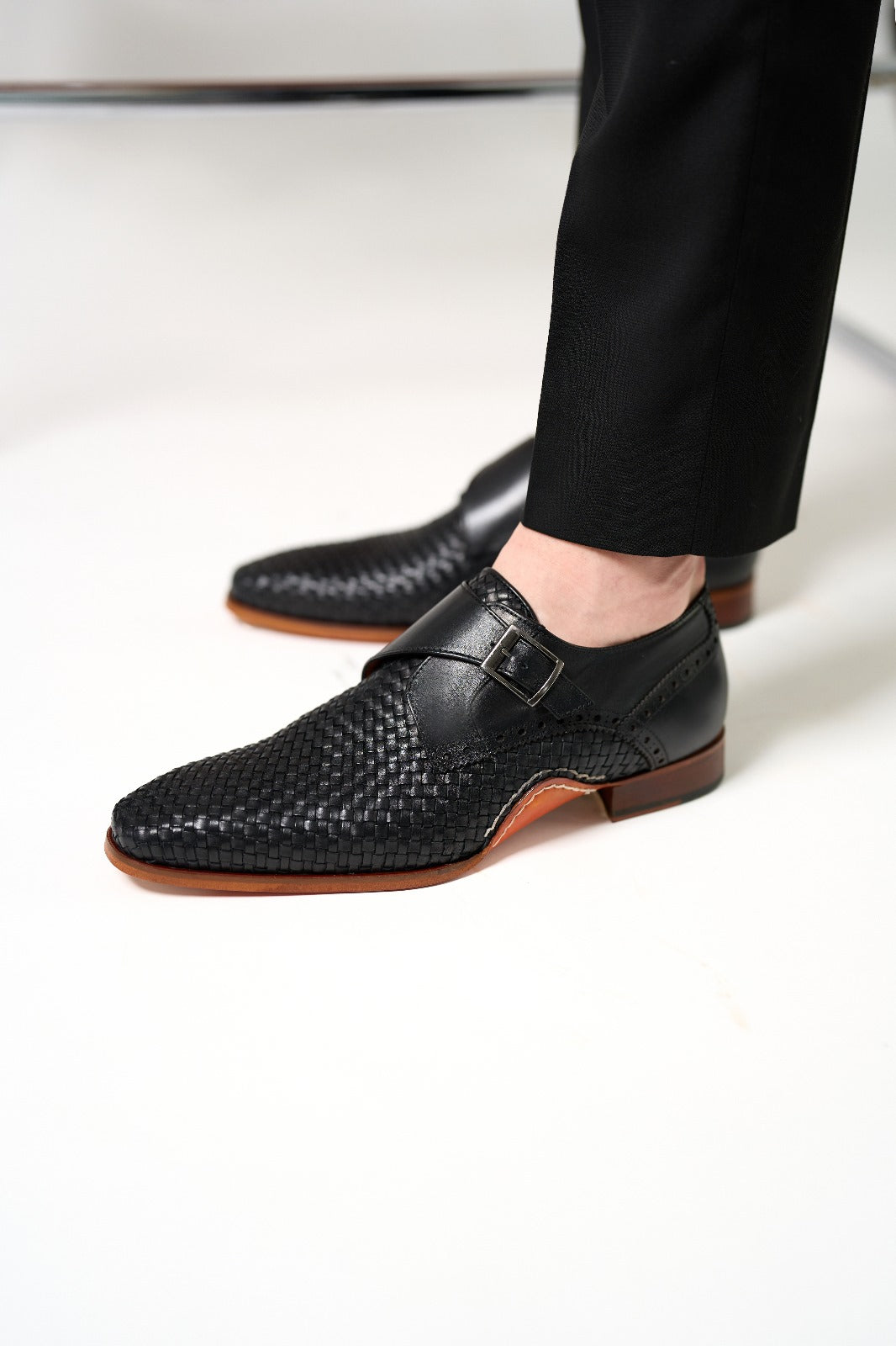 The Rolls  Woven Black Leather Single Monk Strap  Handmade Men Shoe