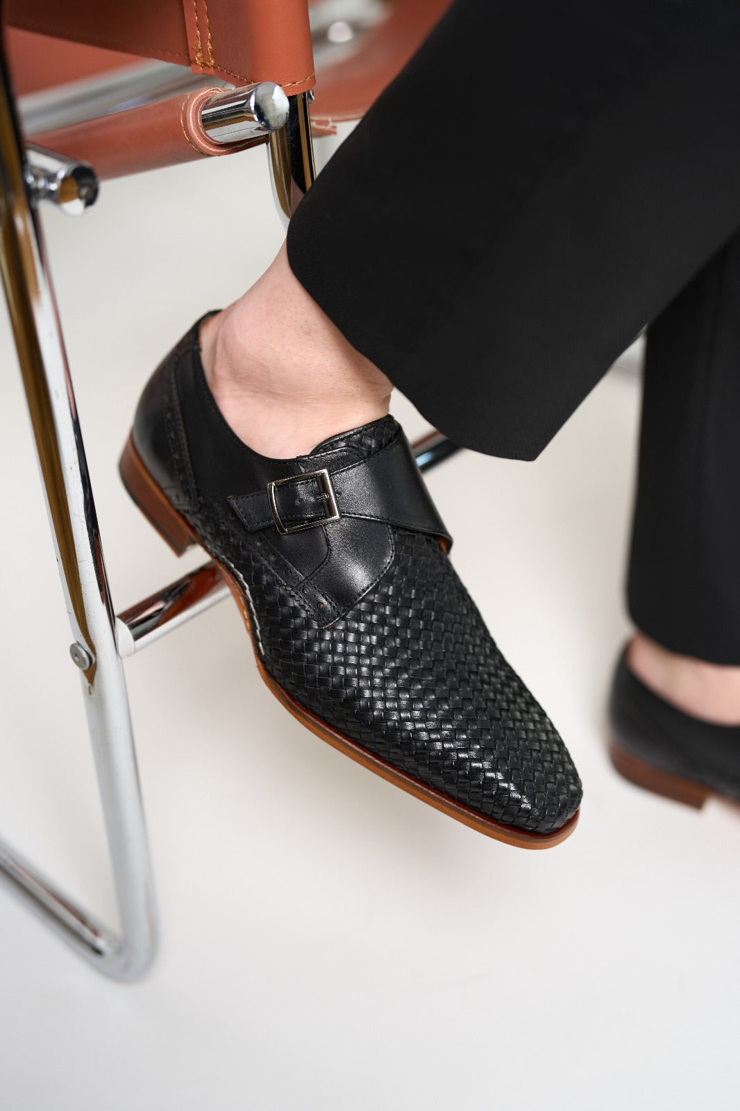 The Rolls  Woven Black Leather Single Monk Strap  Handmade Men Shoe