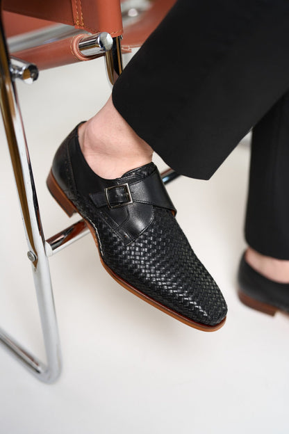 The Rolls  Woven Black Leather Single Monk Strap  Handmade Men Shoe