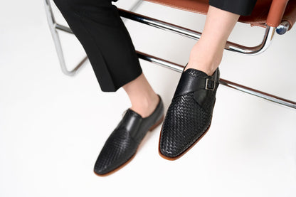 The Rolls  Woven Black Leather Single Monk Strap  Handmade Men Shoe