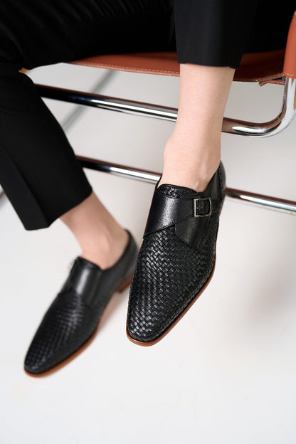 The Rolls  Woven Black Leather Single Monk Strap  Handmade Men Shoe