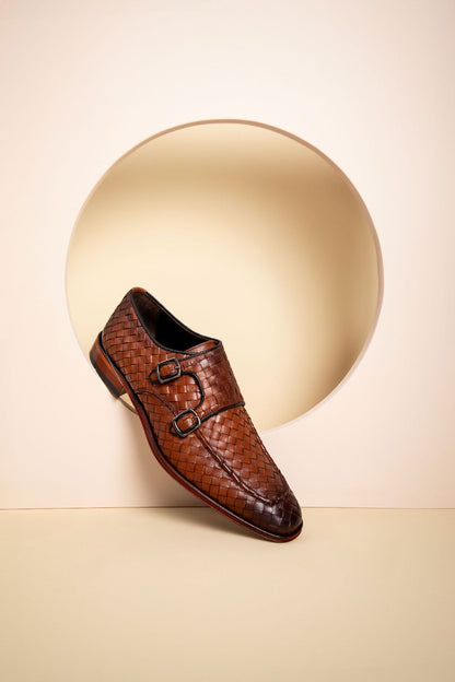 The Turan Brown Woven Double Monk Strap Dress Men Shoe