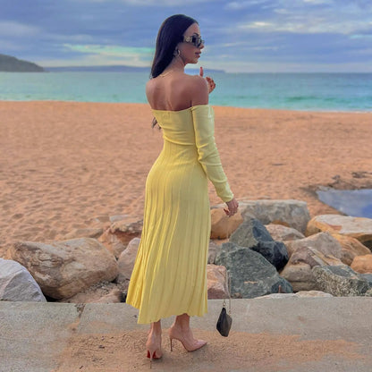 Off-Shoulder Striped Knitted Dress for Women