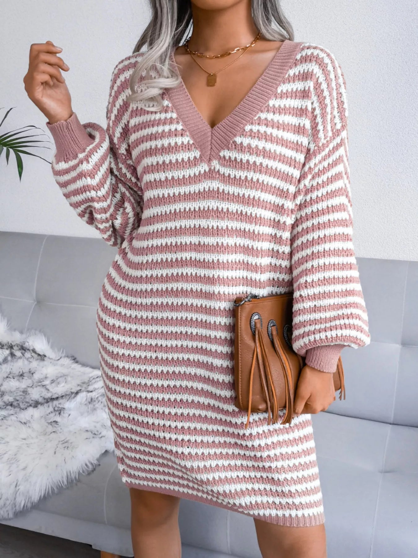 Striped V-Neck Long Sleeve Sweater Dress