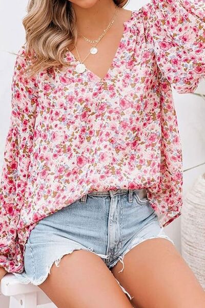 Printed Notched Long Sleeve Blouse