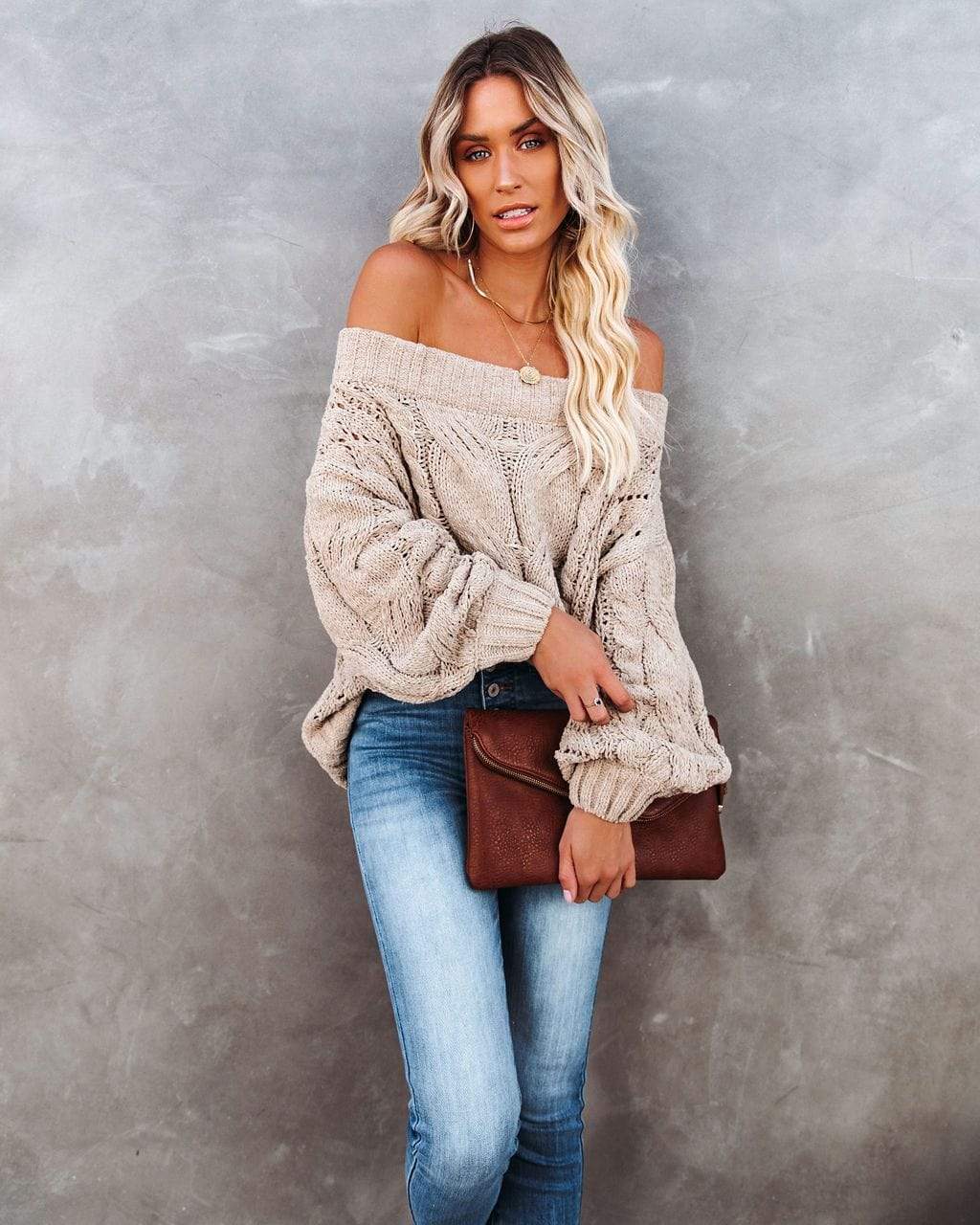 Off Shoulder Cable Knit Sweater