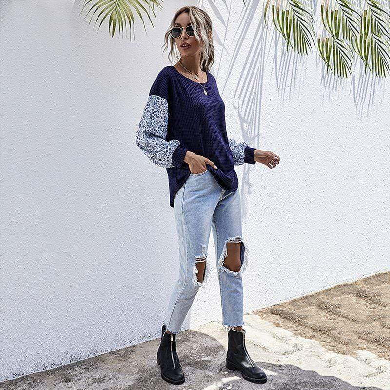 Two Tone Floral Print Sweater