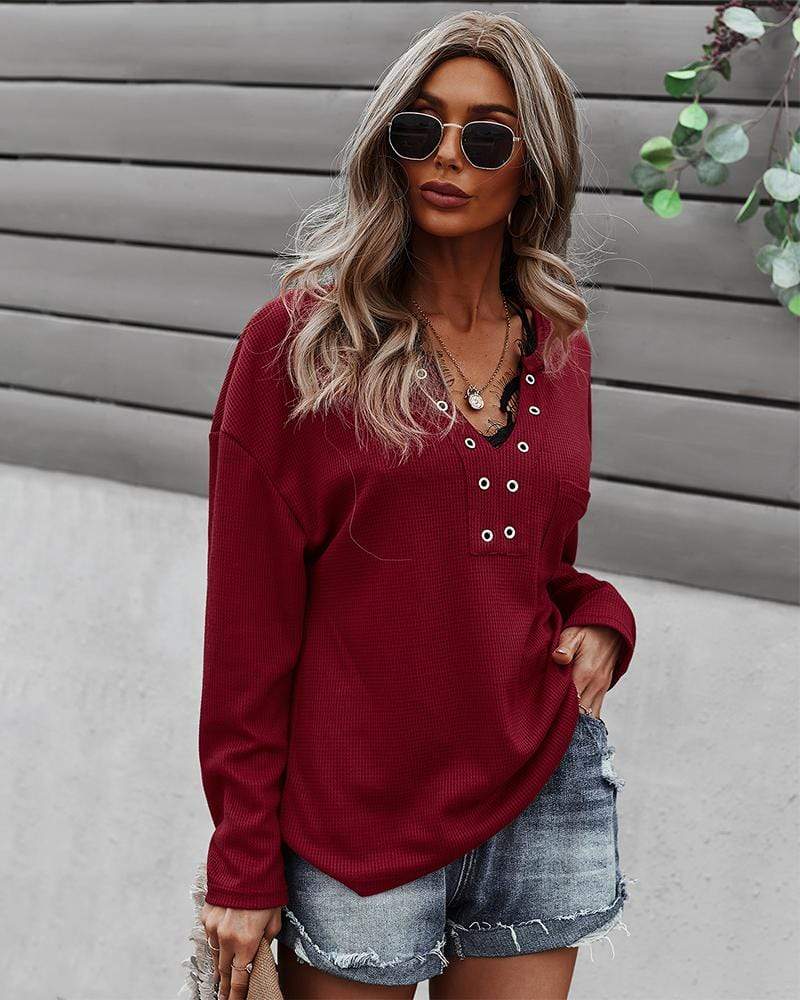 Faux Button Placket Sweater