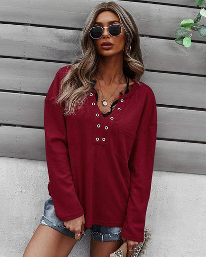 Faux Button Placket Sweater