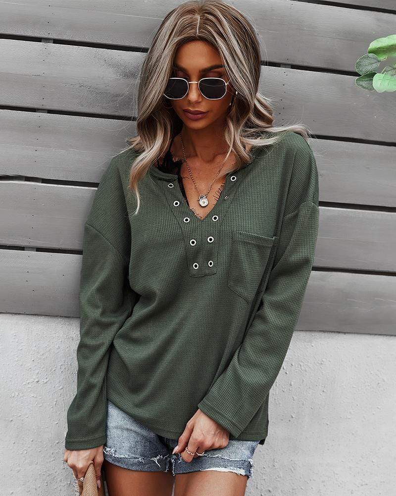 Faux Button Placket Sweater
