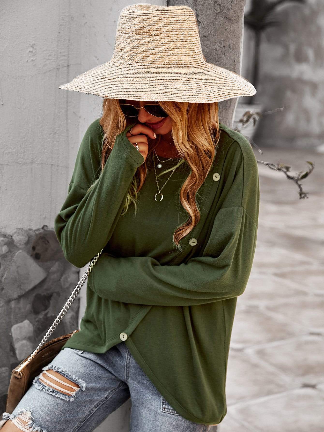 Asymmetrical Hem Button Sweater