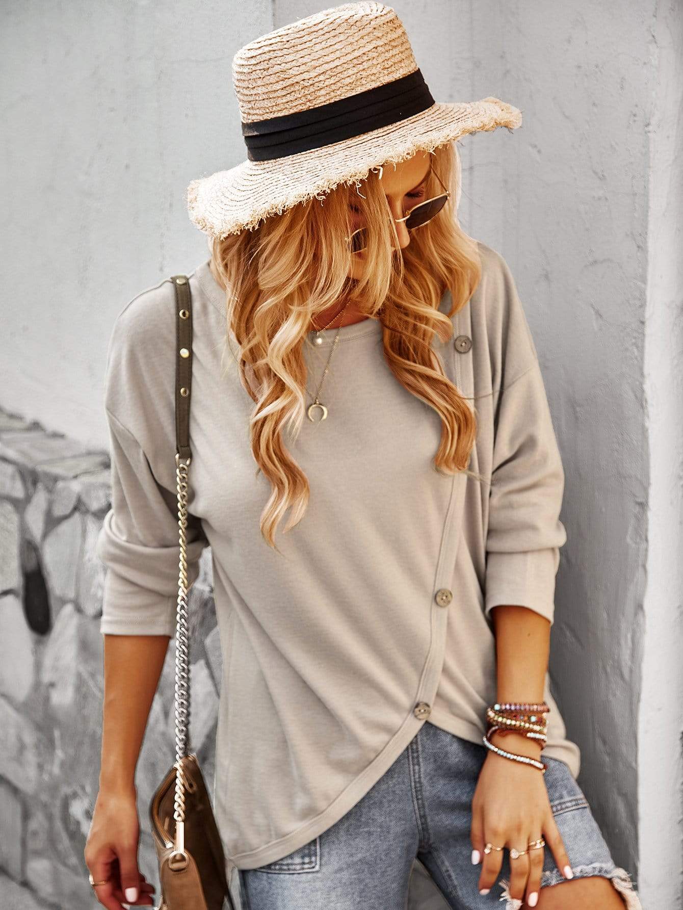 Asymmetrical Hem Button Sweater
