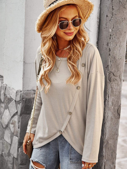 Asymmetrical Hem Button Sweater