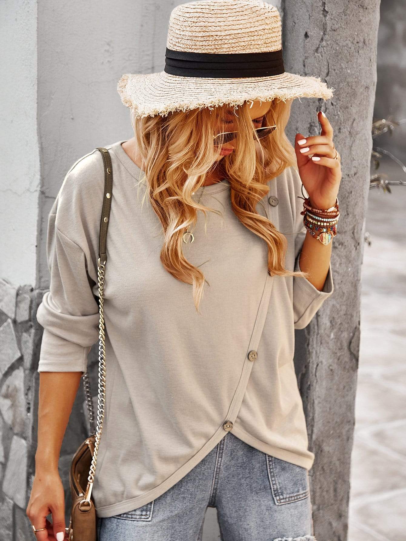 Asymmetrical Hem Button Sweater