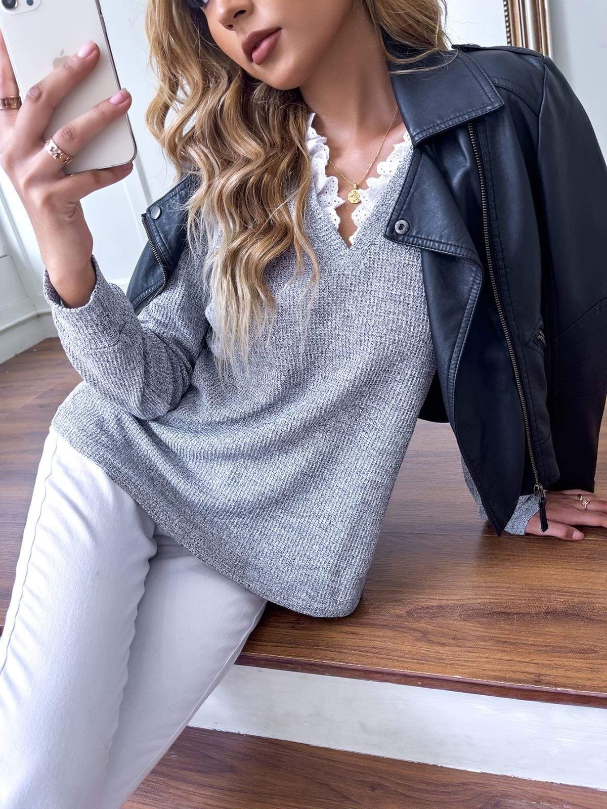 Eyelet Trim Knit Sweater