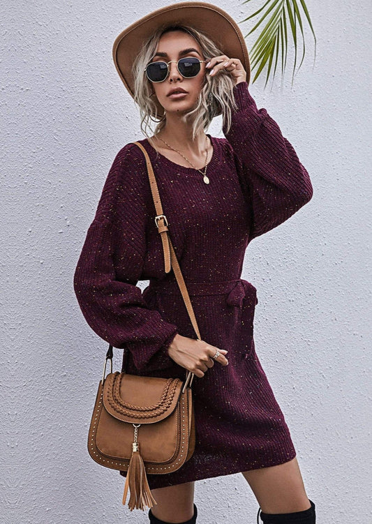 Textured Tie Waist Sweater Dress