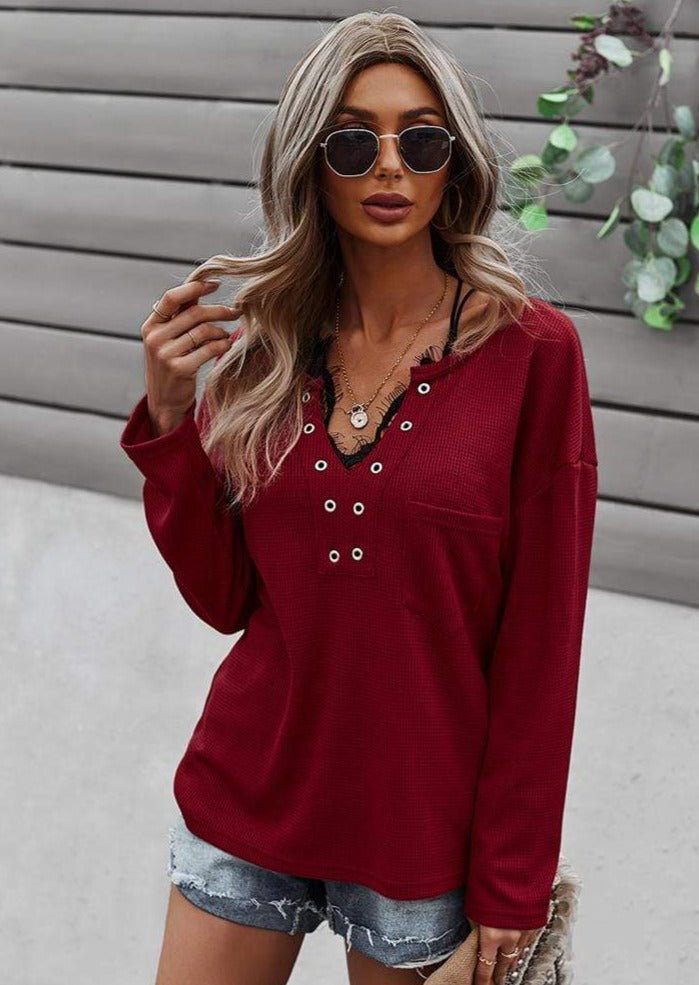 Faux Button Placket Sweater