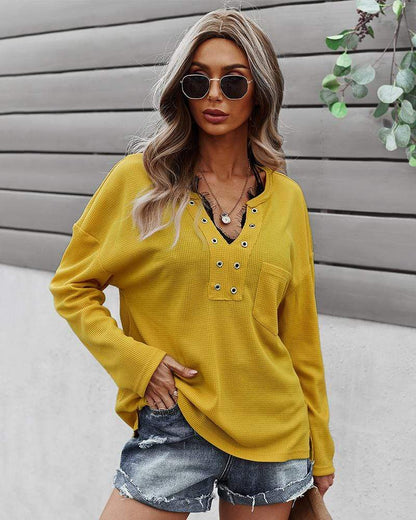 Faux Button Placket Sweater