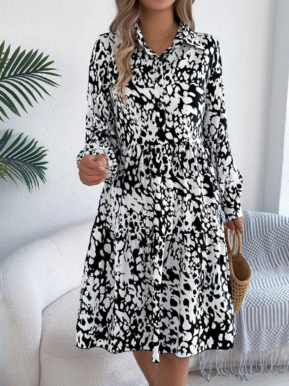 Printed Collared Neck Long Sleeve Dress
