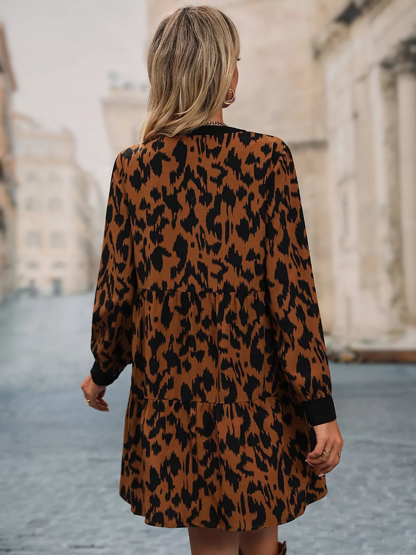 Leopard Tie Neck Long Sleeve Dress