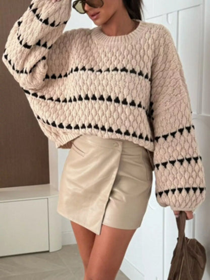 Chunky Knit Striped Sweater with Balloon Sleeves