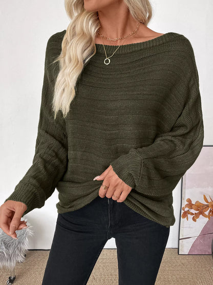 Boat Neck Ribbed Long Sleeve Sweater