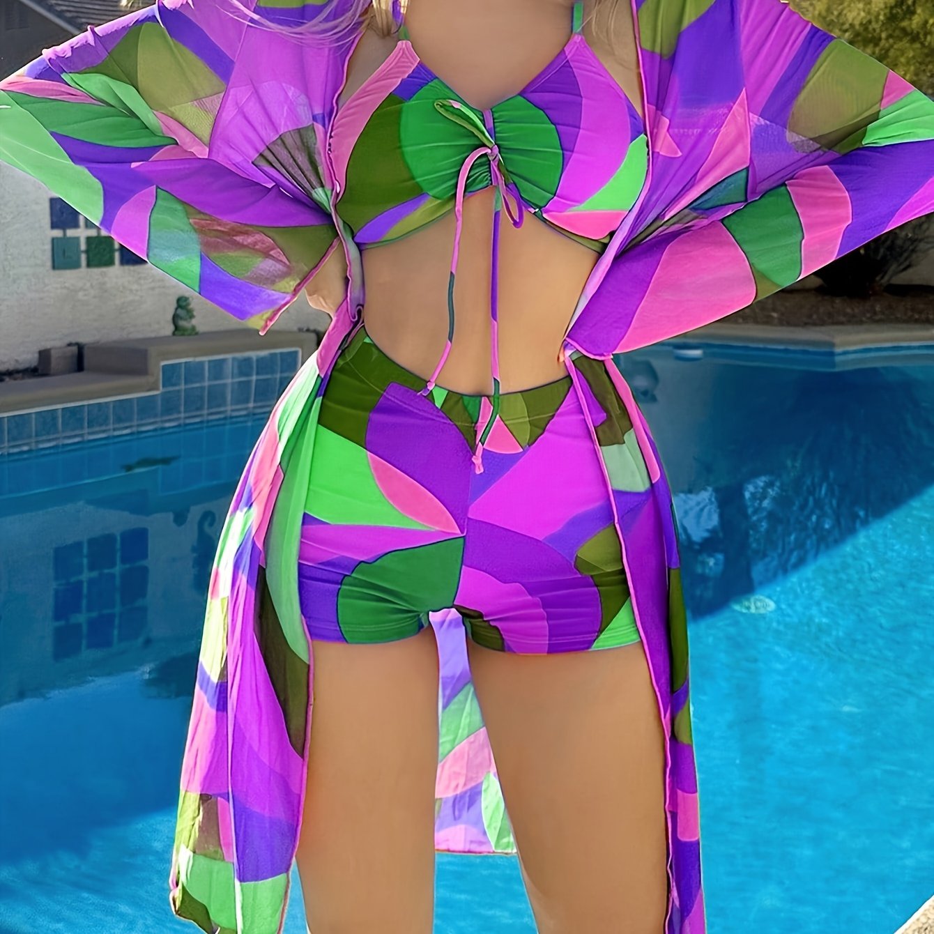 Kimono Geometric 3Piece Swimwear Set Bikini Shorts