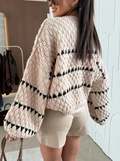 Chunky Knit Striped Sweater with Balloon Sleeves
