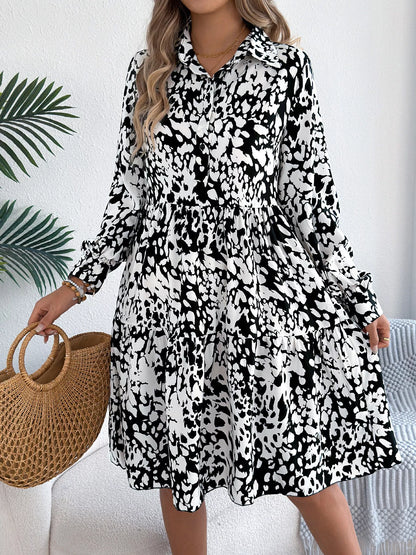 Printed Collared Neck Long Sleeve Dress