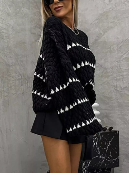 Chunky Knit Striped Sweater with Balloon Sleeves