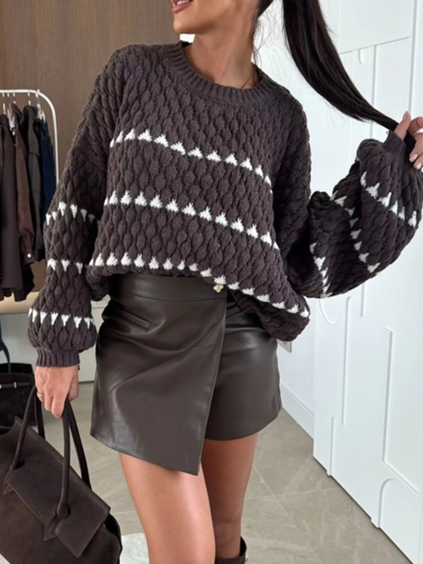 Chunky Knit Striped Sweater with Balloon Sleeves