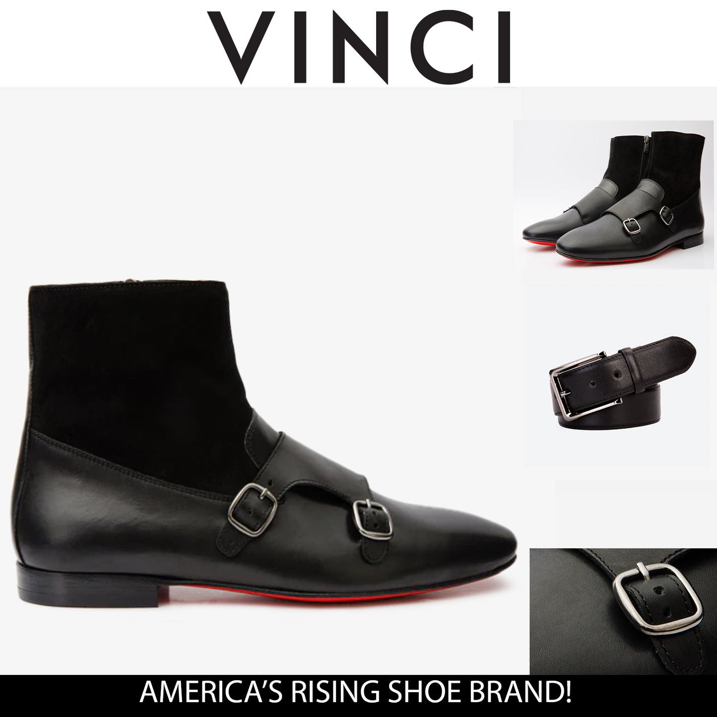 Preston Black Leather & Suede Double Monk Strap Ankle Men Boot