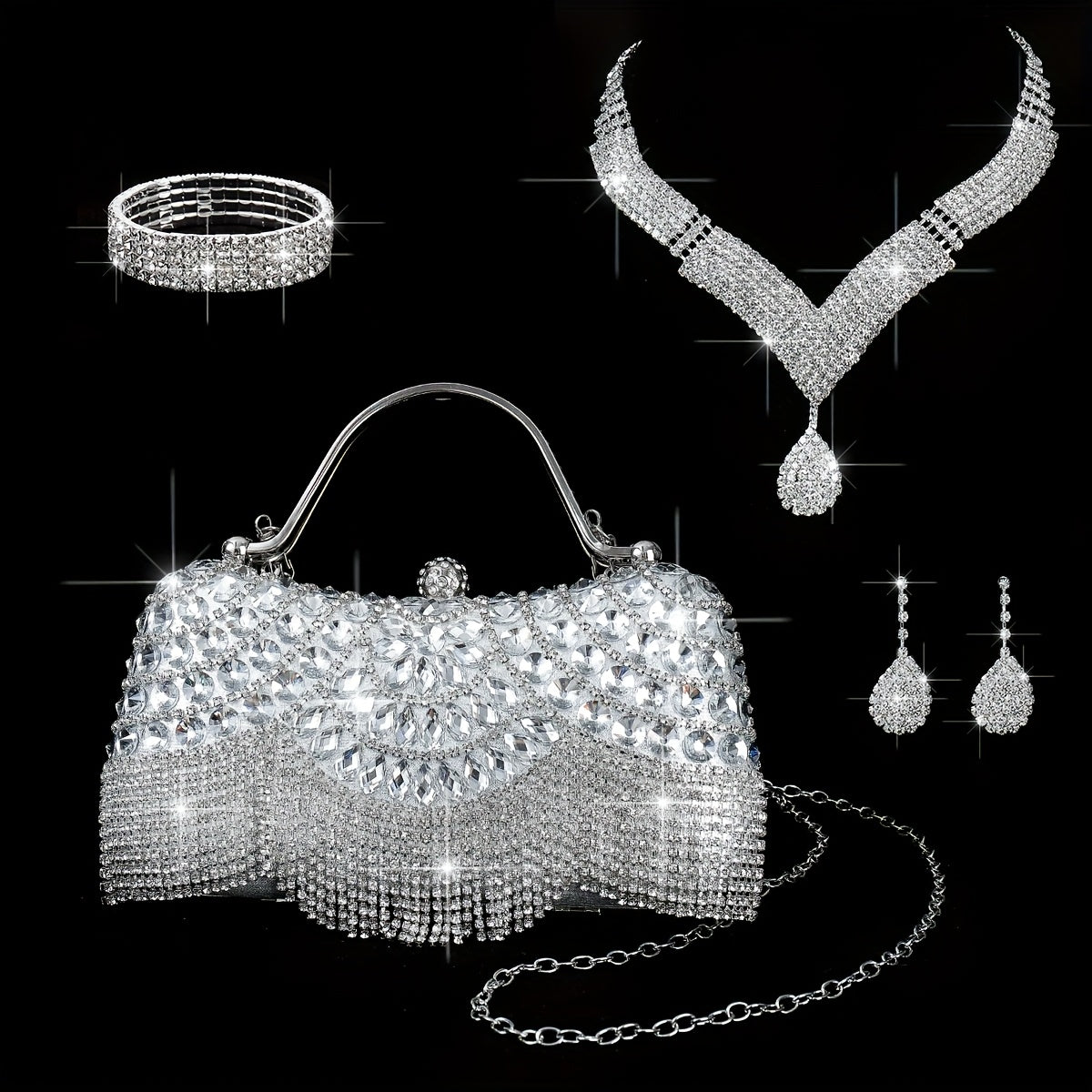 Luxury 4pc Evening Dress Set Gown Bag Jewelry