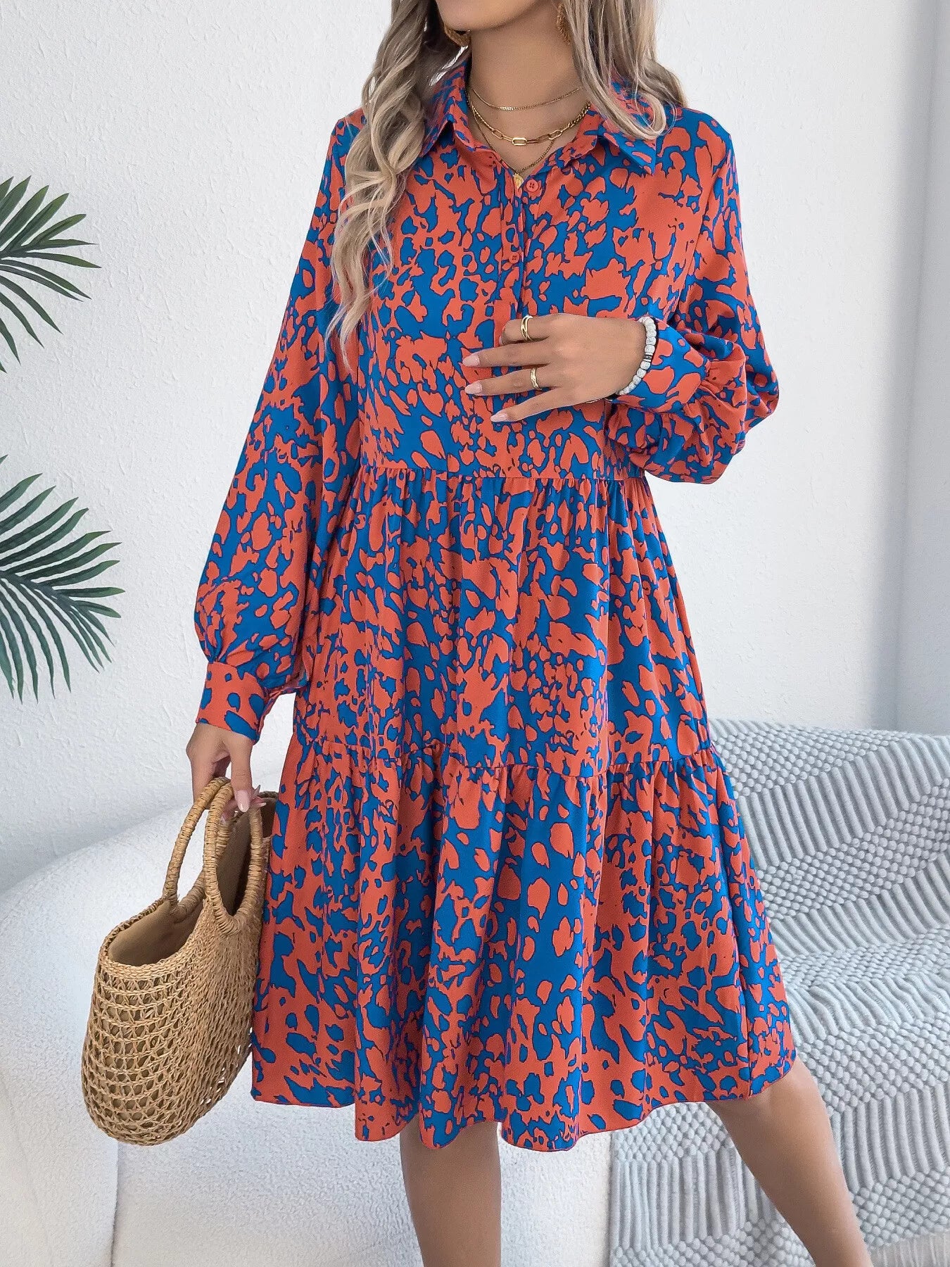 Printed Collared Neck Long Sleeve Dress