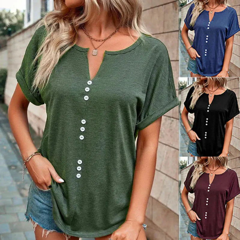 Summer V-neck Short Sleeve Button Design Blouse