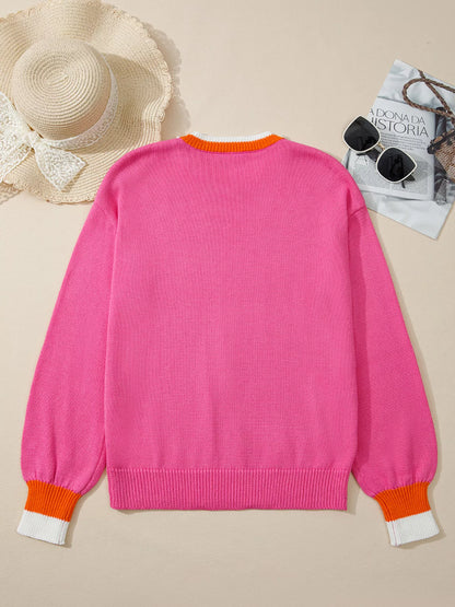 Contrast Crew Neck Pearled Decor Drop Shoulder Knit Sweater