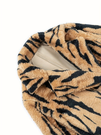 Plus Size Tiger Stripe Faux Fur Double Breasted Winter Coat