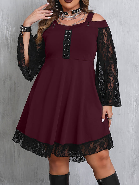 Gothic Lace V-necks Long Sleeve Aline Knee Length Dress