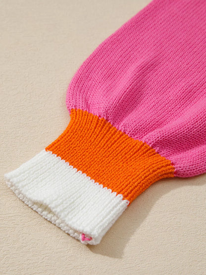 Contrast Crew Neck Pearled Decor Drop Shoulder Knit Sweater